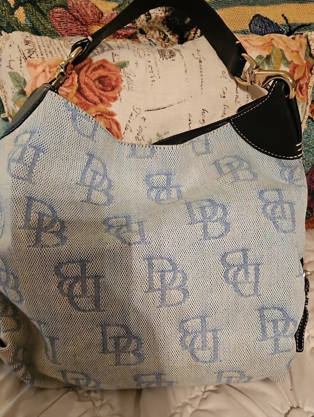 Designer-Inspired Blue & Cream Tote Bag with Black Leather Handles - Picture 2 of 8
